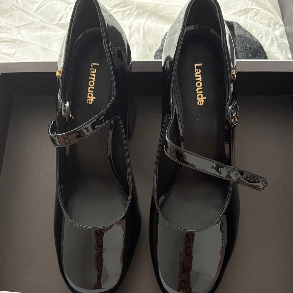 Larroude Black Patent Mary Jane Block Heels